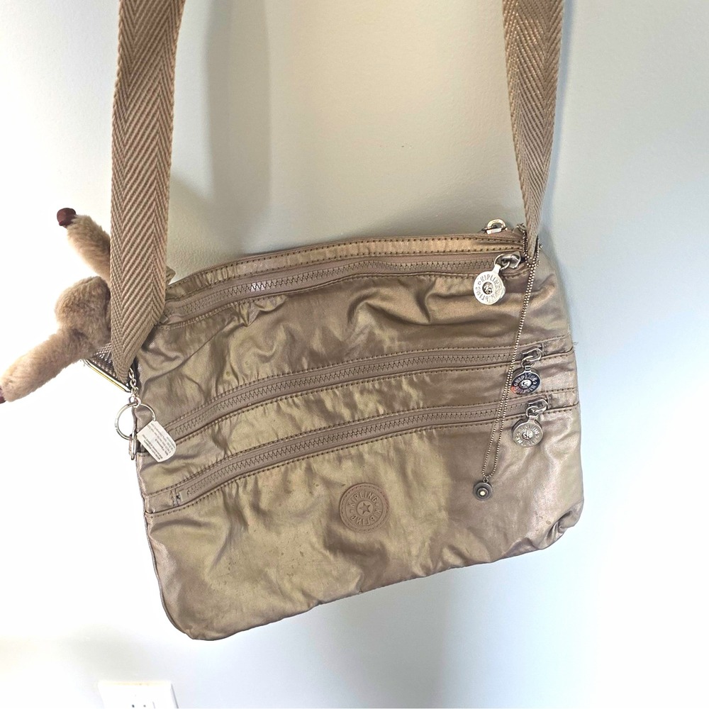Kipling Taupe Crossbody Bag Zip, Inner Pockets, Monkey Charm, Silver Hardware